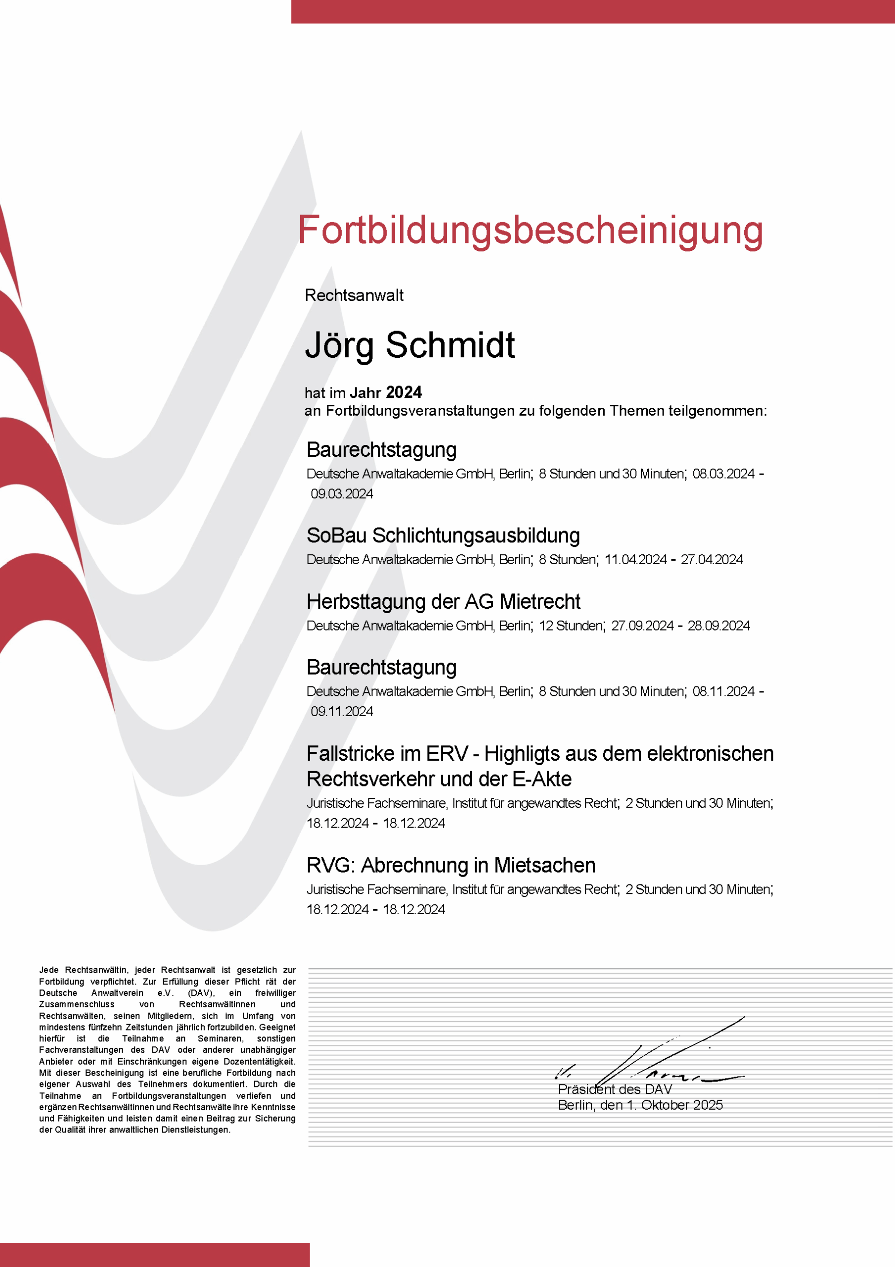 DAV-Fortbildungsbescheinigung RA Jörg Schmidt 2024