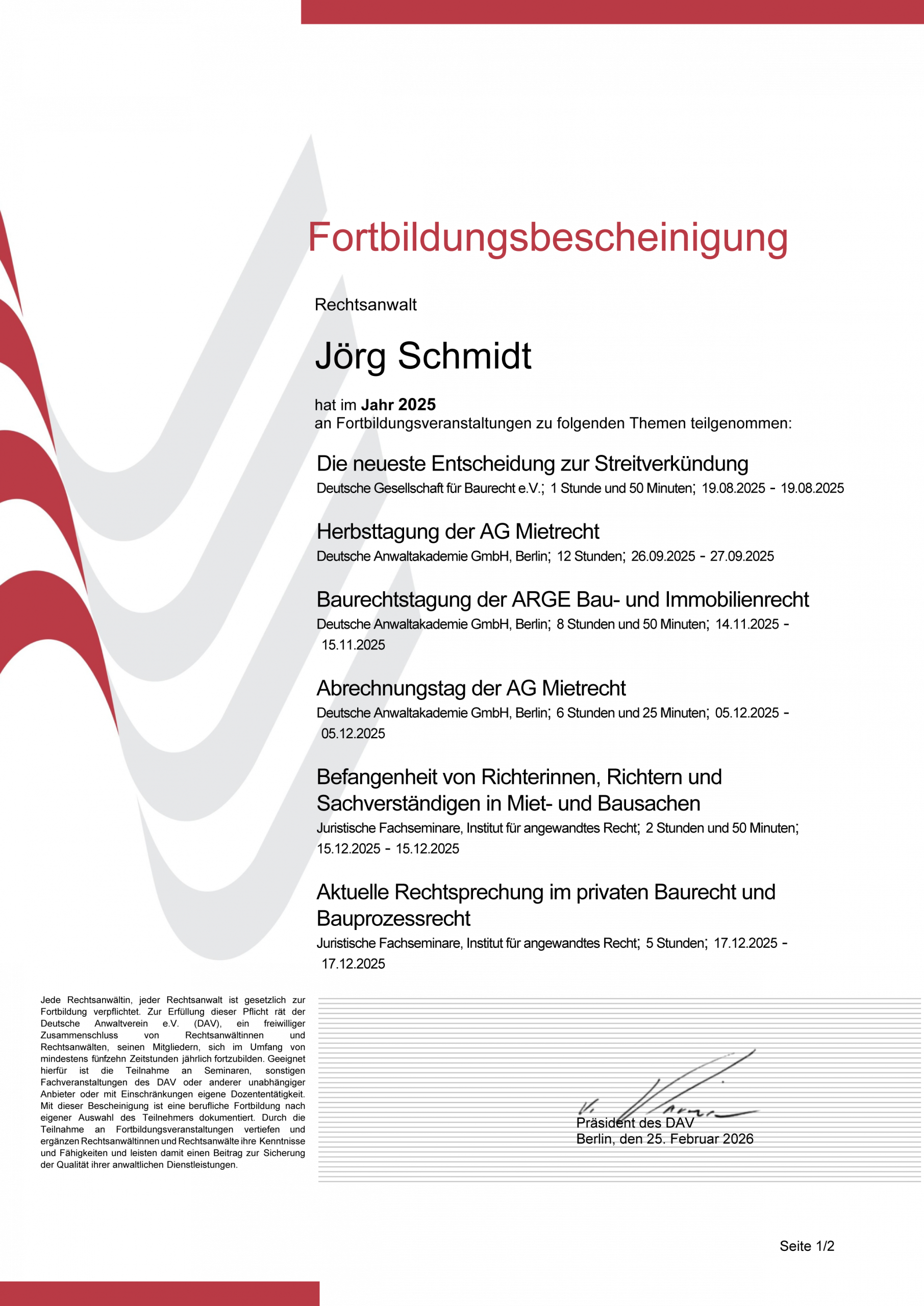 DAV-Fortbildungsbescheinigung RA Jörg Schmidt 2024